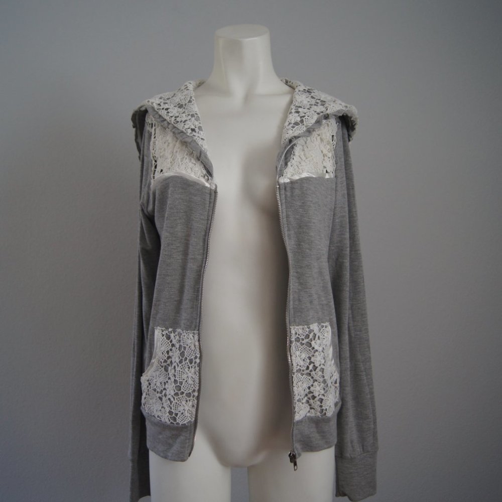 Beach Bunny Lounge Zip Hoodie S | Gray White Lace - Picture 7 of 9